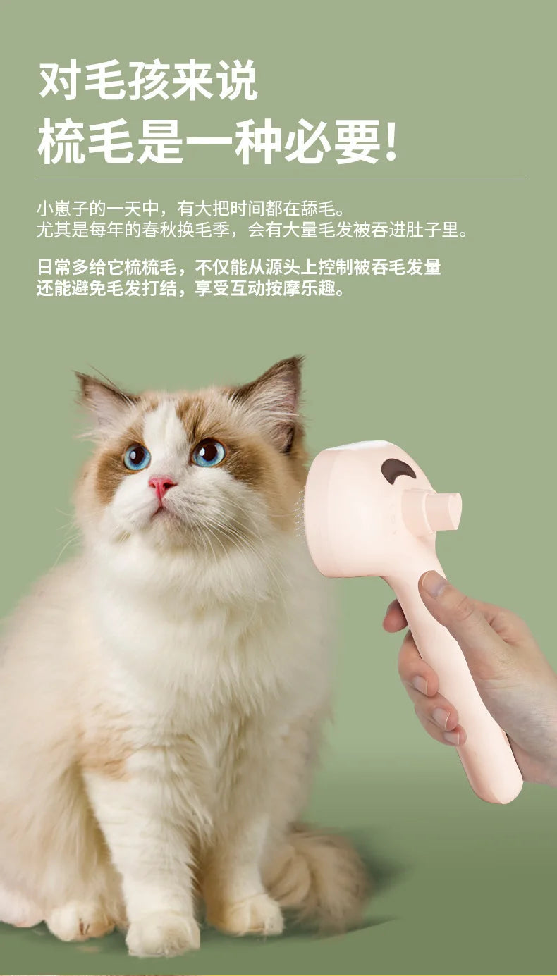 A person is using a pink dual function grooming comb and massage brush on a fluffy ginger and white cat.
