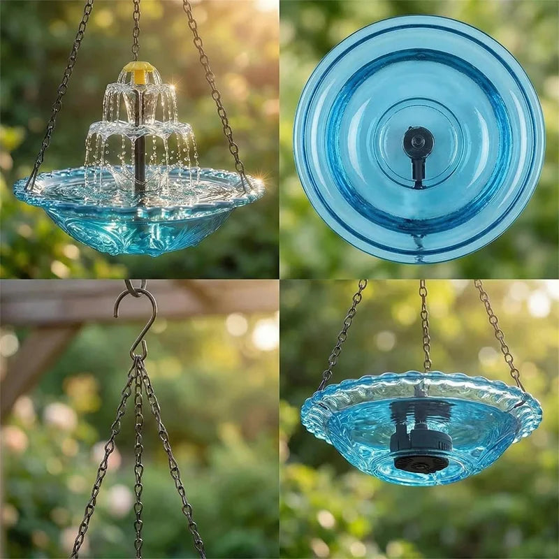Mehrstufige Außenfließer-Vogelbadbrunnen mit Glasschale und Wasserfeature, aufgehängt an Ketten.