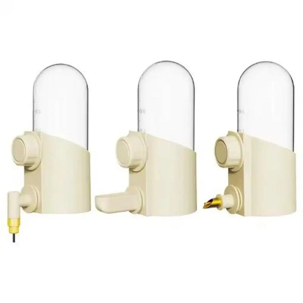 A set of three reusable birds water feeders with clear domes and light beige plastic bases.