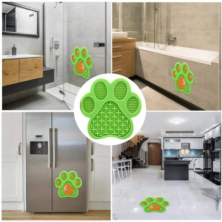 A silicone pet licking mat with a suction cup is shown in various contexts, including on a refrigerator and as a standalone i