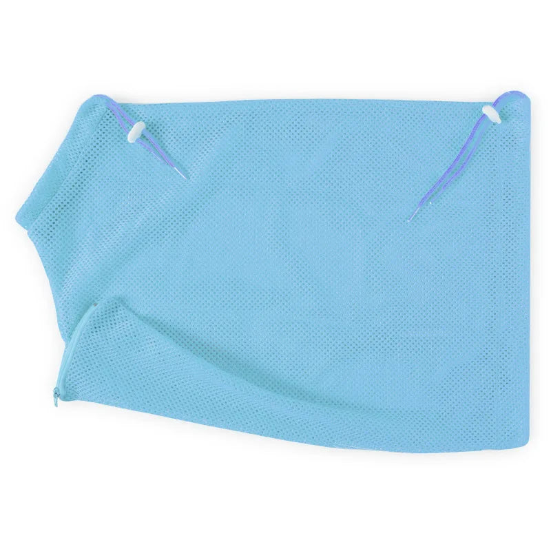 Light blue reusable mesh bag for cat grooming and bathing