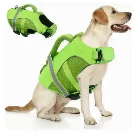 A bright lime green adjustable dog life jacket is shown on a light-colored dog.