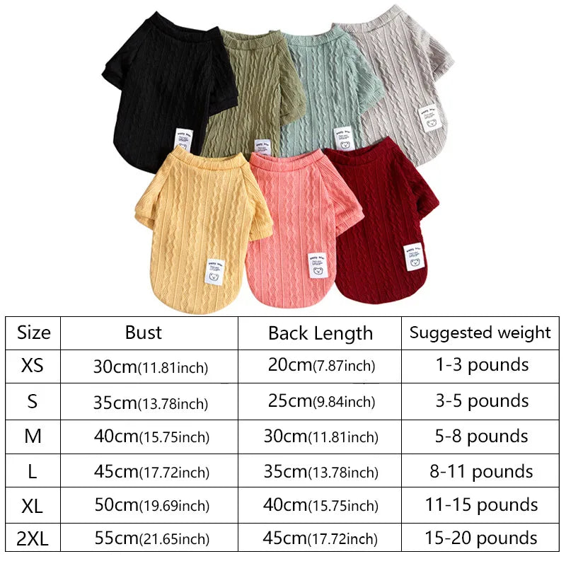 A collection of knitted winter sweaters for dogs and cats in various colors and sizes.