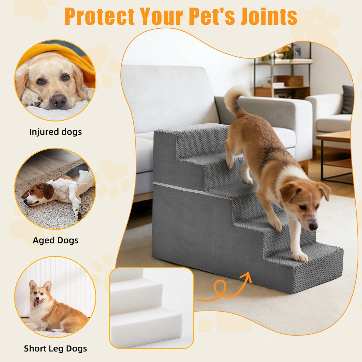 Adjustable pet climbing stairs ramp for dogs shown next to various dog types.