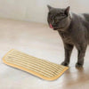 A gray cat is looking at a beige rectangular interactive scratcher toy on a wooden floor.