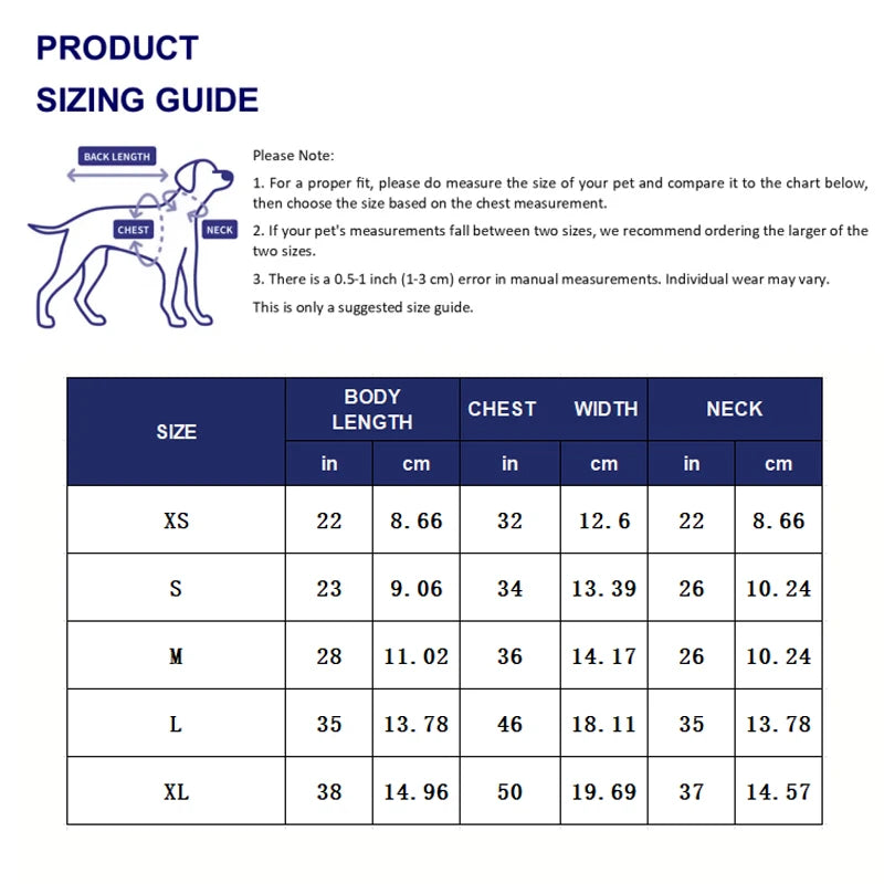 Größenleitfaden mit Maßen in Zoll und Zentimetern für Hunde von XS bis XL.