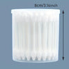 A clear plastic container filled with numerous white cotton swabs for pet ear cleaning.