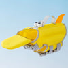 Chaleco salvavidas amarillo brillante para mascotas con correas grises y dispositivos flotantes blancos.