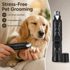 A hand is using a black pet nail grinder on a golden retriever, demonstrating stress-free grooming.