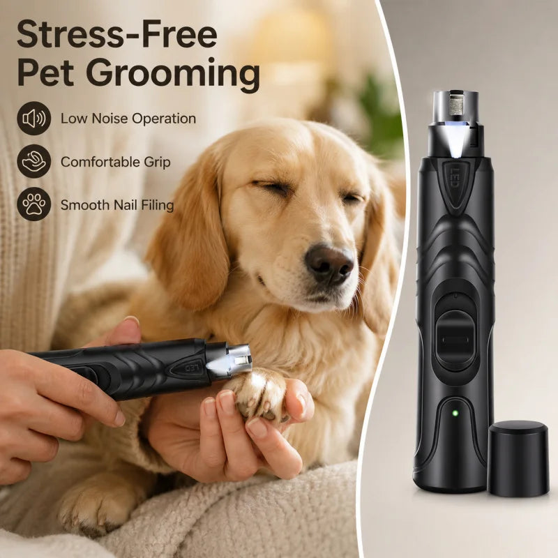 A hand is using a black pet nail grinder on a golden retriever, demonstrating stress-free grooming.