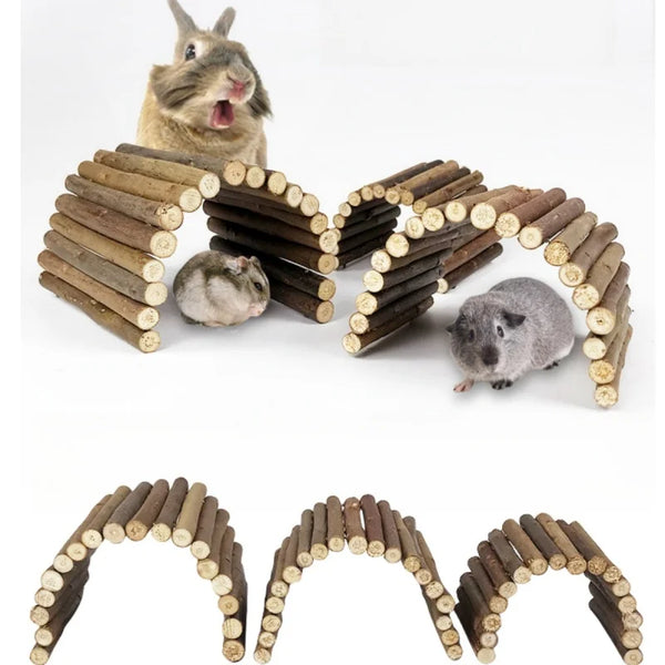 Three small rodents are interacting with a curved arrangement of natural wood branches used as chew toys.