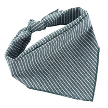 A grey and white striped cotton dog bandana with an adjustable fit.