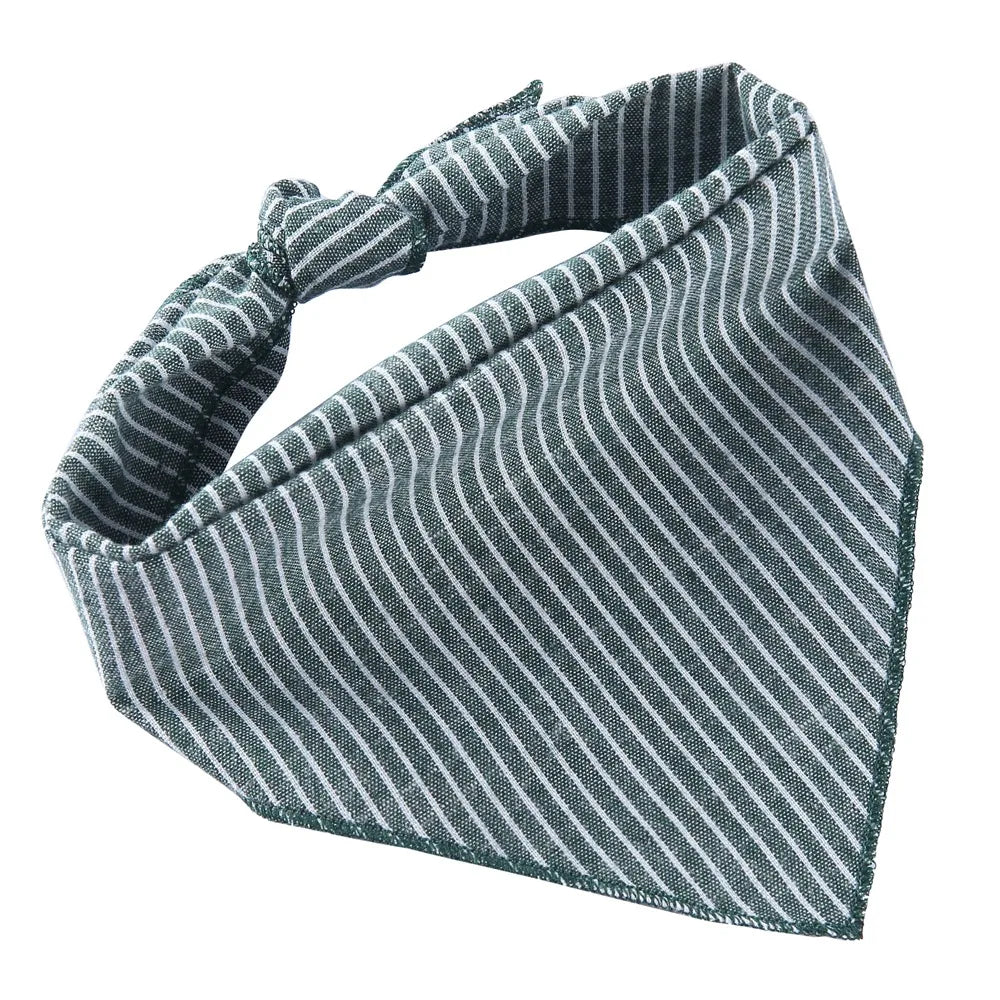 A grey and white striped cotton dog bandana with an adjustable fit.