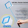 A blue soft mesh aquarium fish net with a square head design and ergonomic handle for tank maintenance.