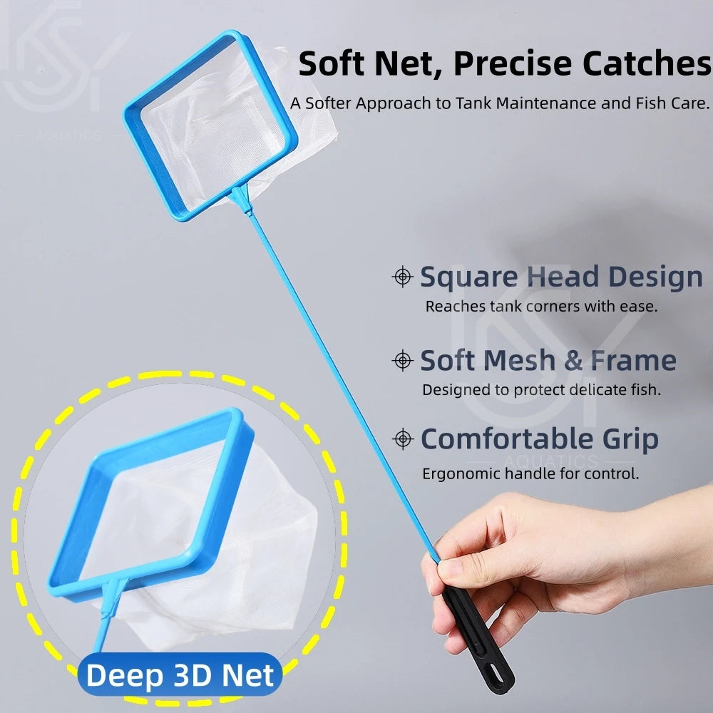 A blue soft mesh aquarium fish net with a square head design and ergonomic handle for tank maintenance.