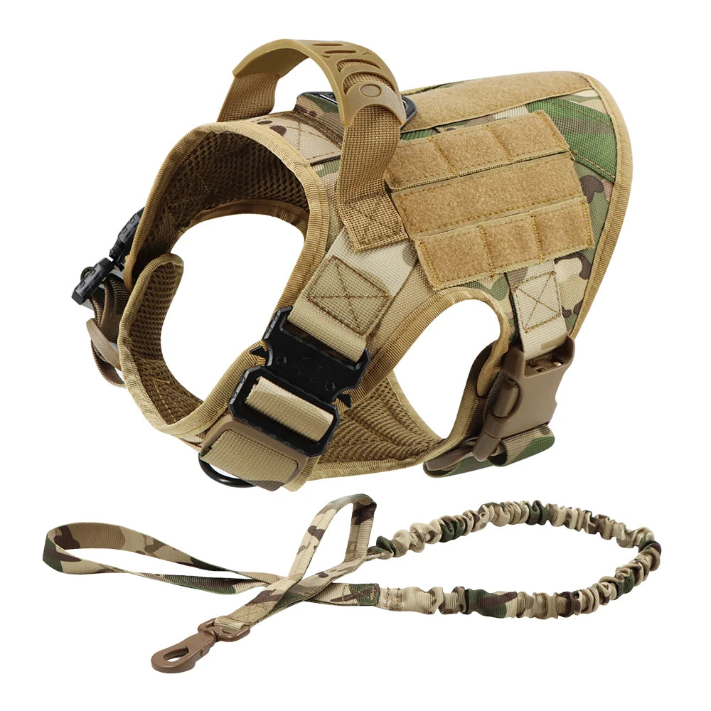 A tan tactical dog harness with a padded vest and Molle pouch system is shown.