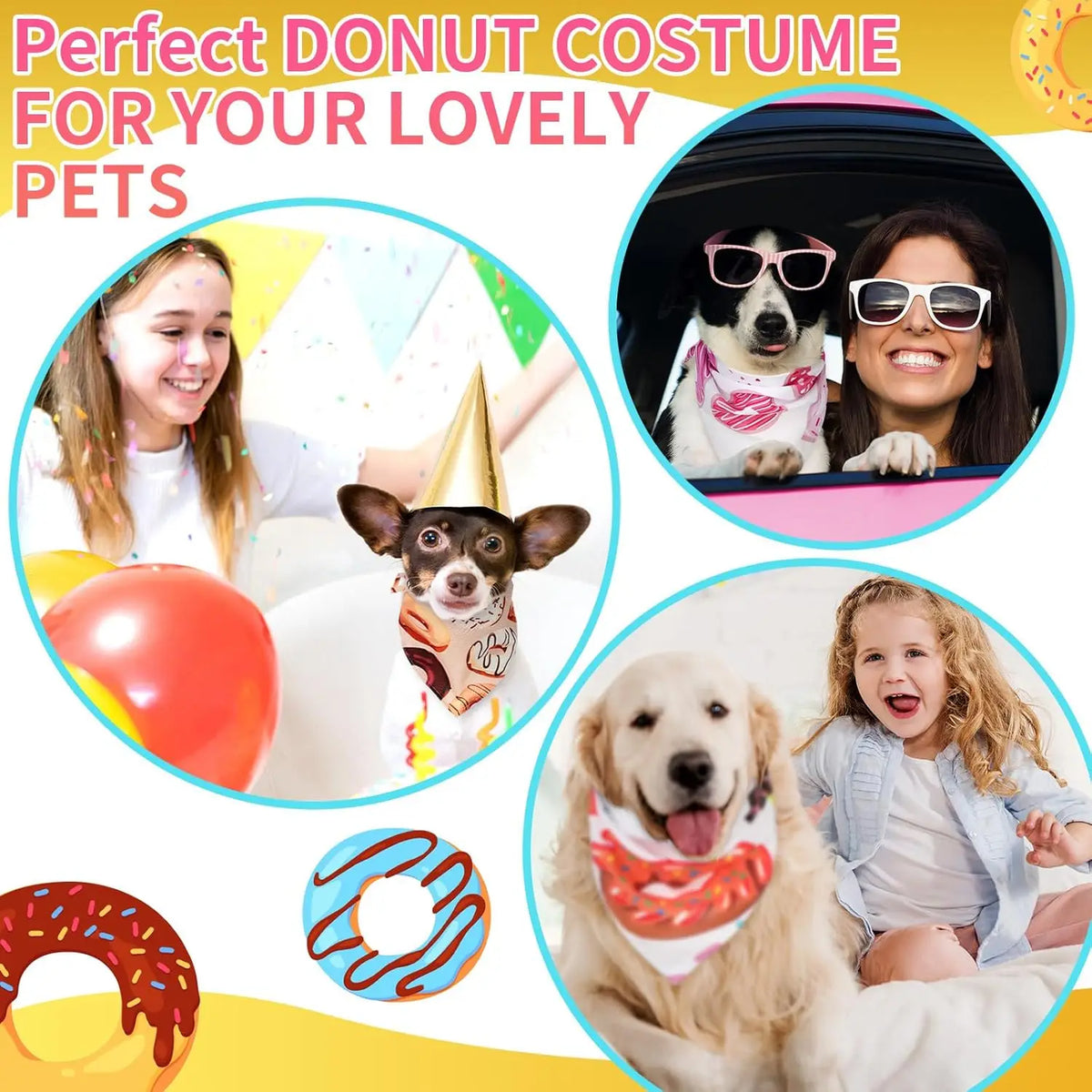 A collage showing a girl, a dog wearing a donut bandana, and a child, promoting a perfect donut costume for pets.
