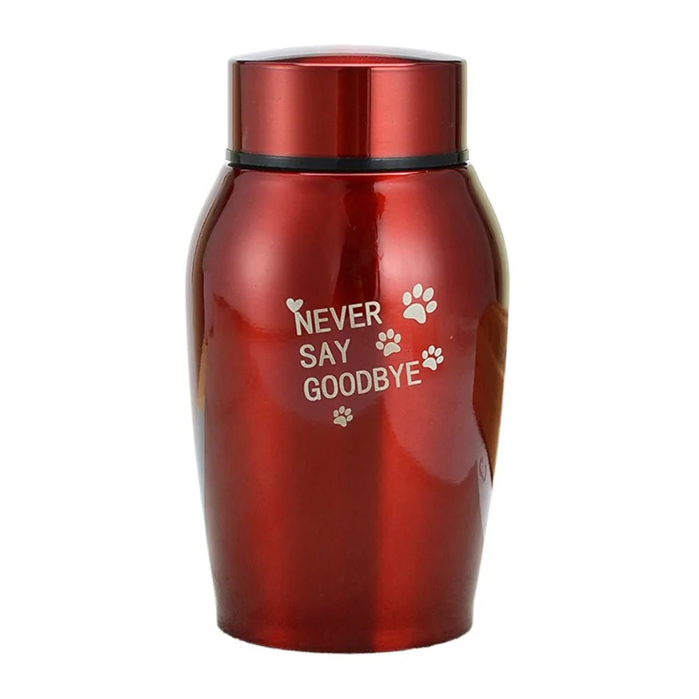 A reddish-brown stainless steel pet memorial storage box with paw prints engraved on the side.