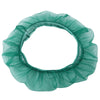 A circular, ruffled green breathable nylon mesh seed guard for a bird cage.