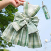 A dog dress-up outfit featuring a plaid green and white fabric bow and collar being held by a hand outdoors.