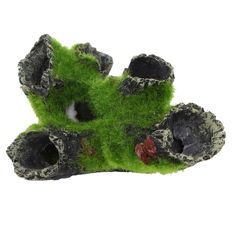 Resin aquarium tree house cave for shrimp and fish with green mossy texture