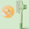 A light green self-cleaning pet brush with massage pins shown next to a circular diagram illustrating its use.