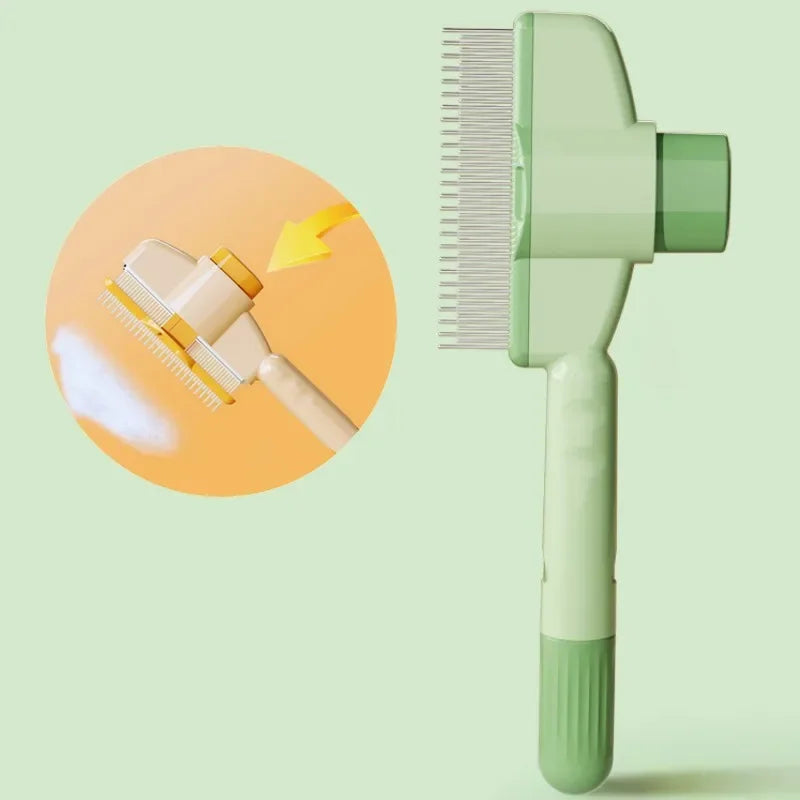 A light green self-cleaning pet brush with massage pins shown next to a circular diagram illustrating its use.