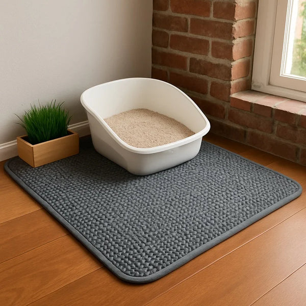 A white double-layer cat litter mat with a non-slip base and a pile of light-colored litter placed on it, resting on a wooden