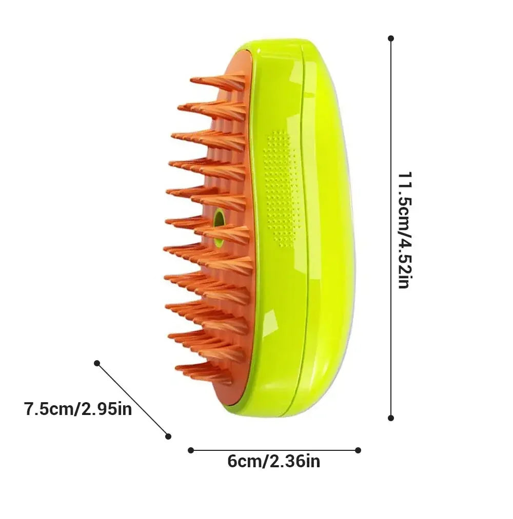 A bright lime green pet grooming brush with orange bristles and a massage function.