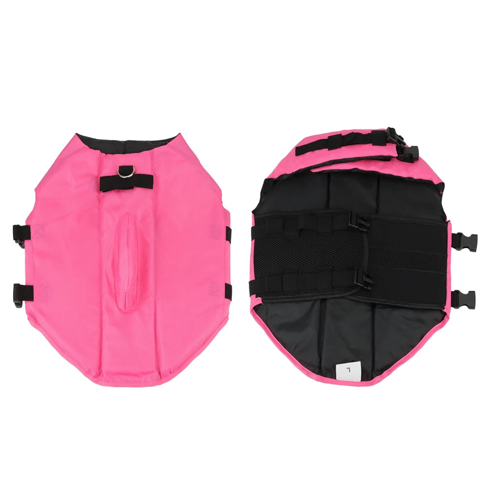 Pink and black water resistant life vest jacket for dogs