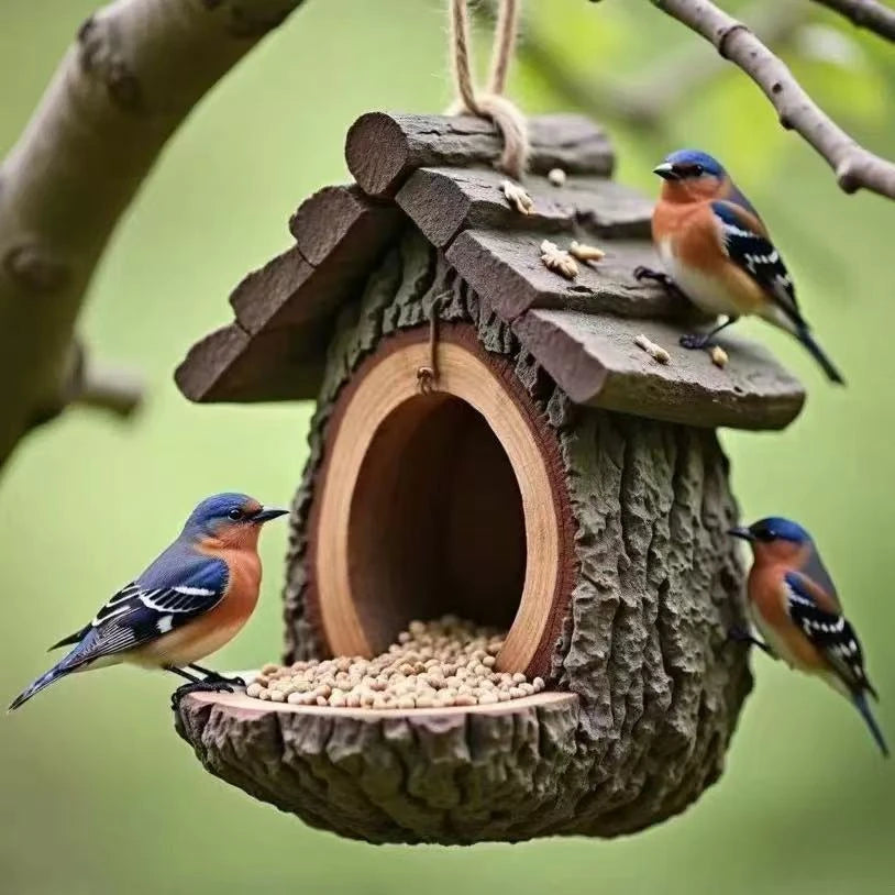 A small wooden bird feeder shaped like a tree hollow, with a blue and orange bird perched on the edge.