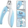 A white and light blue LED pet nail clipper tool for dogs and cats shown in various angles.