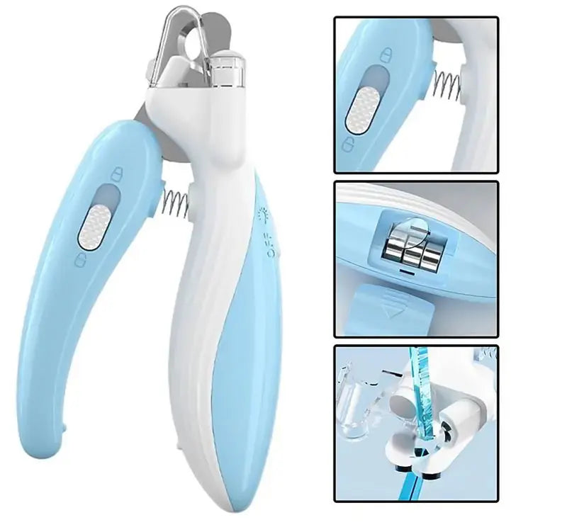 A white and light blue LED pet nail clipper tool for dogs and cats shown in various angles.