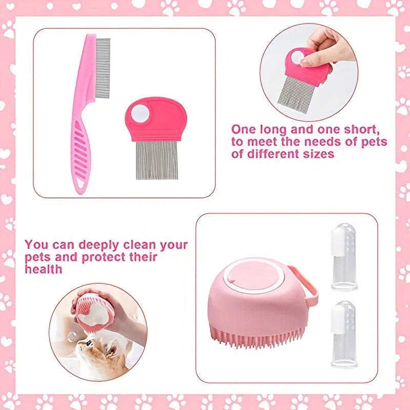 Set de aseo para mascotas rosa con peine largo y cepillo corto para limpiar perros y gatos.