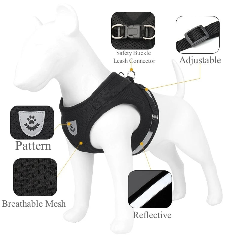 Black adjustable mesh dog vest harness with safety buckle and leash connector