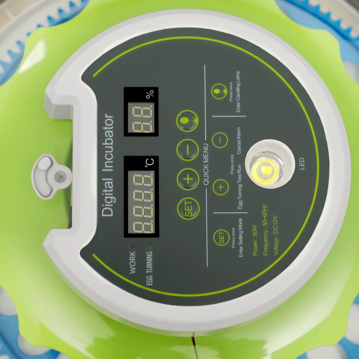 Digitaler Inkubator mit grün-weißer Hülle zeigt Temperatur und Funktionen für Vogel-Eier.