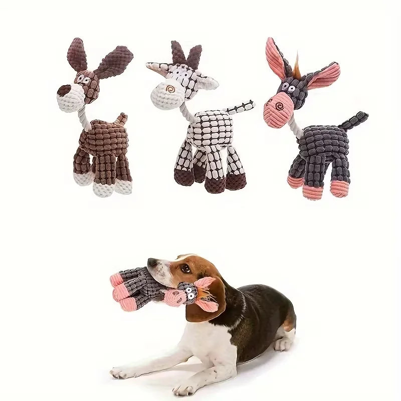 A set of three plush dog toys resembling deer or rabbits, made of textured fabric, for interactive play.