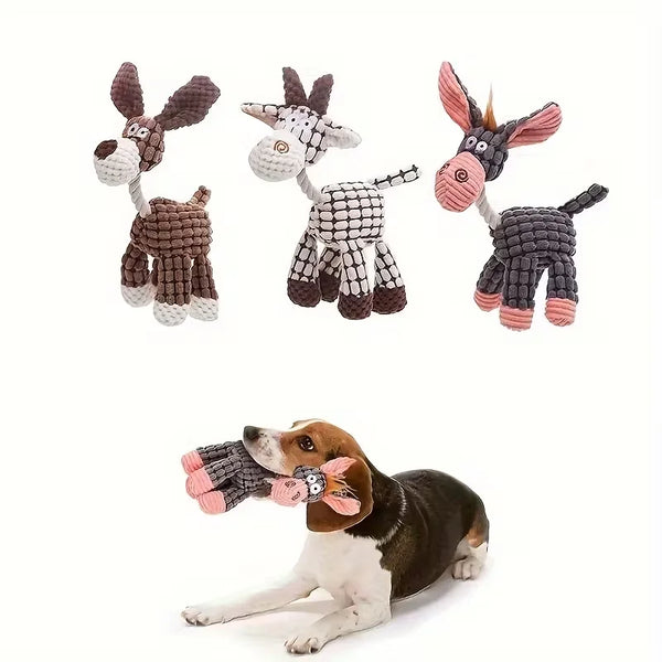 A set of three plush dog toys resembling deer or rabbits, made of textured fabric, for interactive play.