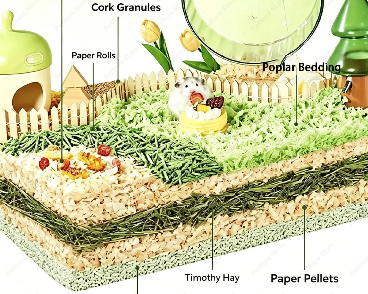 Layered natural wood chips bedding for small rodents showing cork granules, paper rolls, poplar bedding, Timothy hay, and pap