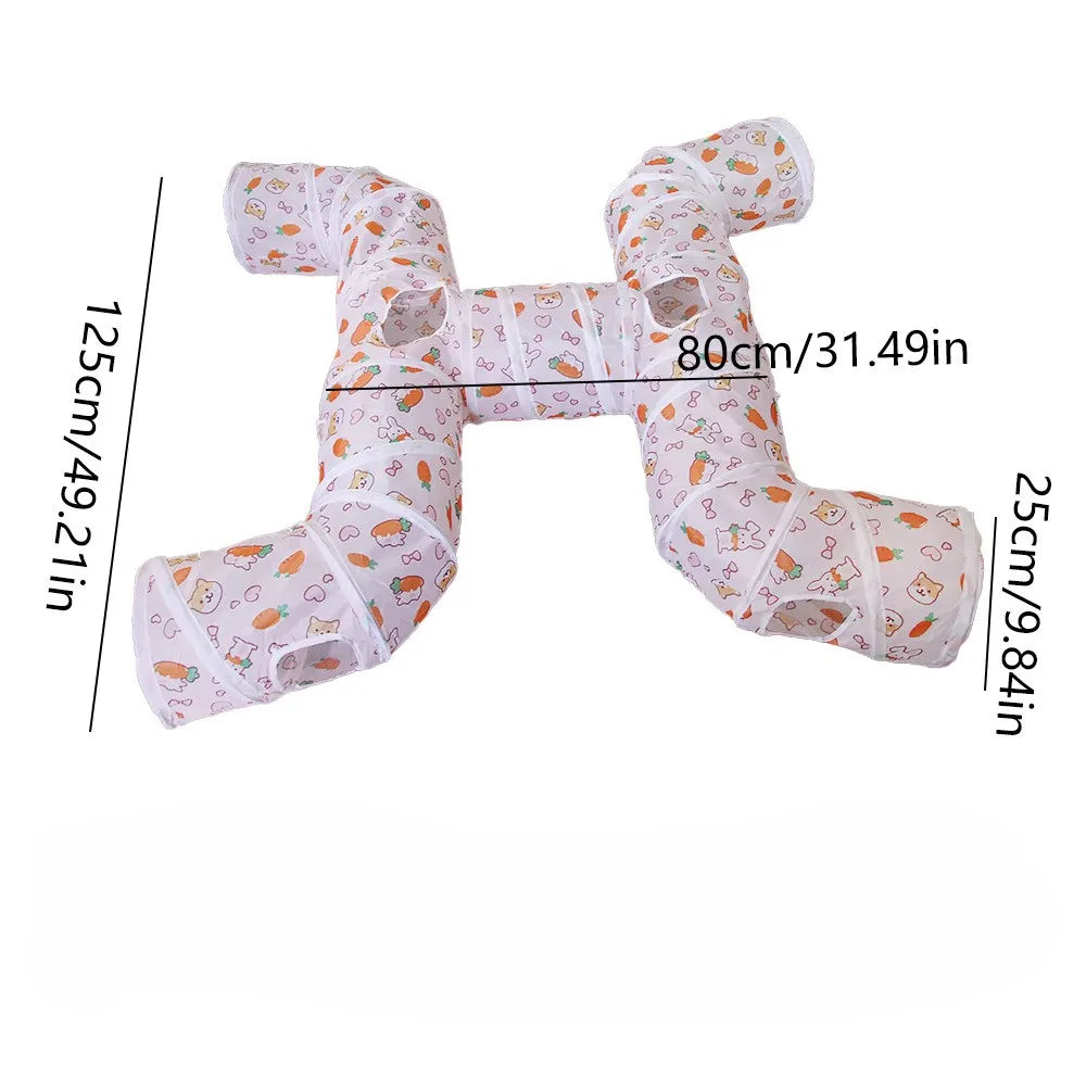 A white fabric foldable cat play tunnel for indoor exercise, measuring 80cm long.