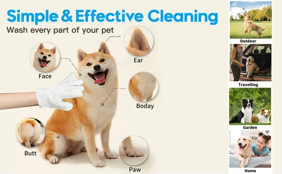 Diagram showing how to clean a dog using wipes on the face, ear, body, butt, and paw.
