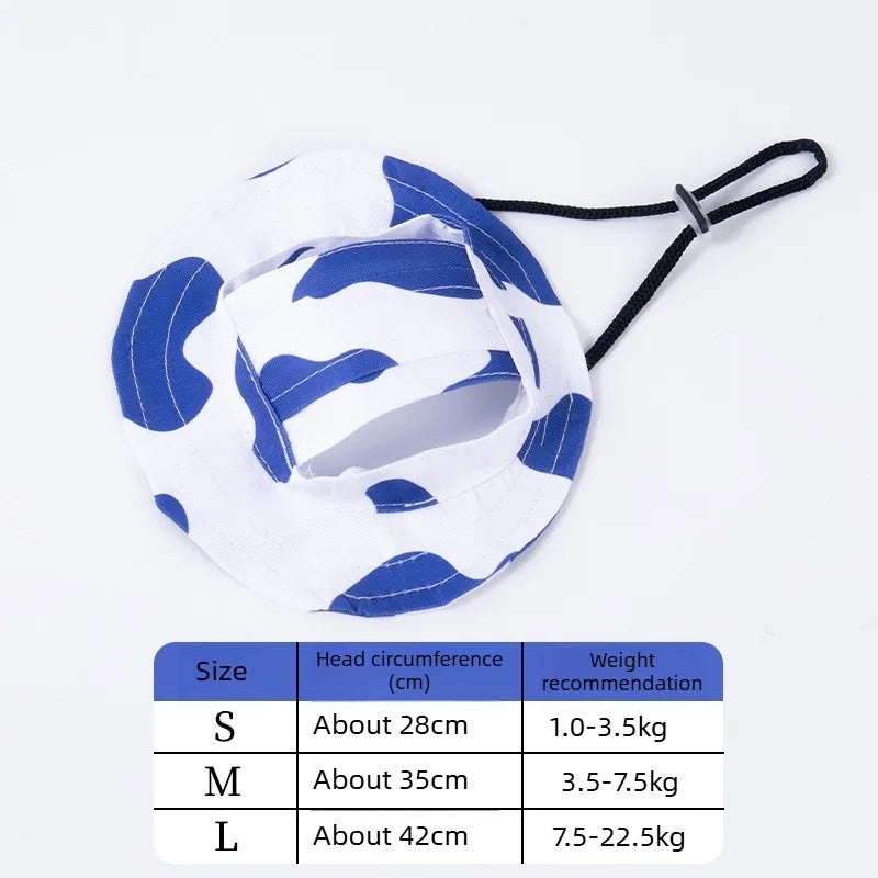 White and blue cartoon print bucket hat for pets with adjustable black tie