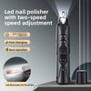 A black LED nail polisher with two-speed adjustment is shown next to a separate black accessory.