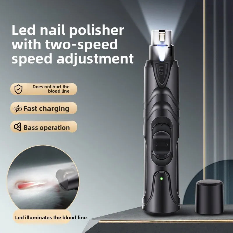 A black LED nail polisher with two-speed adjustment is shown next to a separate black accessory.
