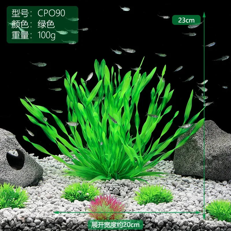 A clump of bright green artificial aquarium plants displayed on a light gravel substrate.