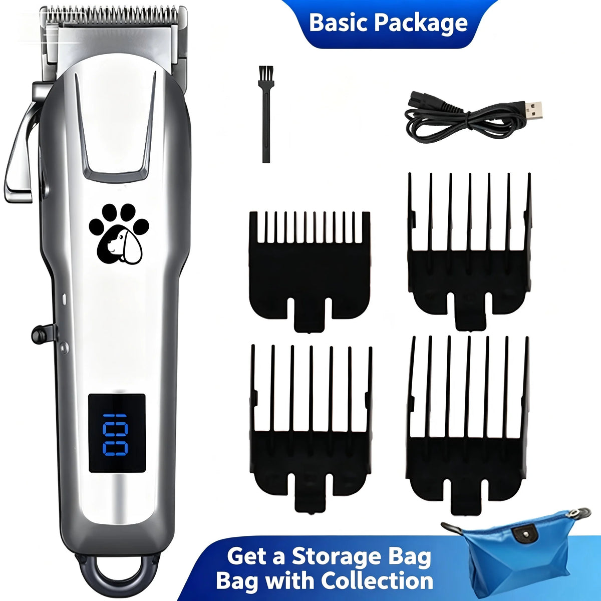 Tondeuse sans fil argentée pour poils d'animaux, avec différents accessoires et sac de rangement.