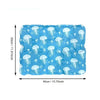Blue self-cooling pet mat with a leakproof cover featuring a pattern of jellyfish.