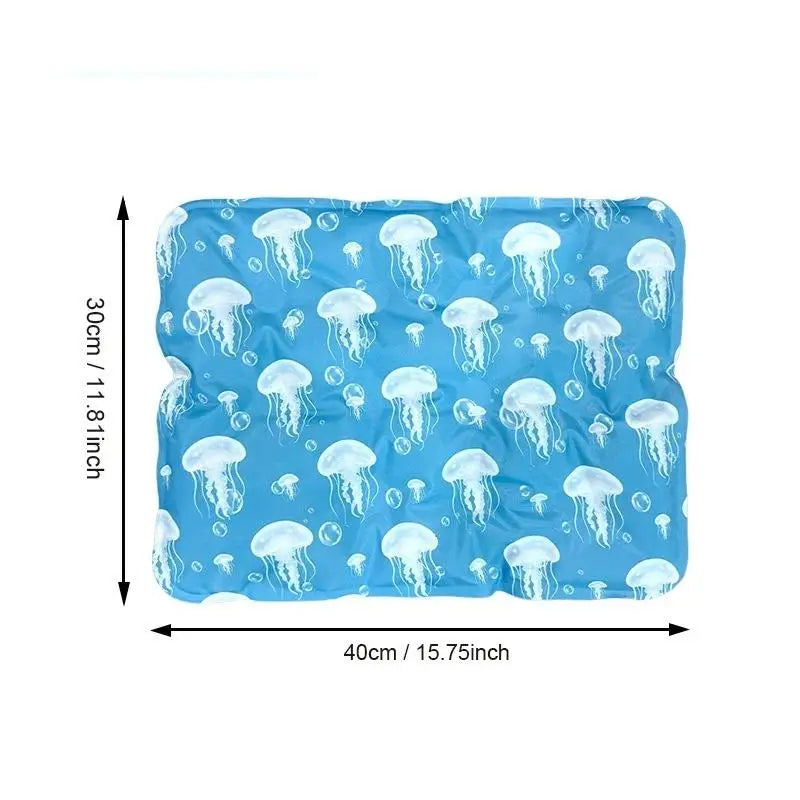Blue self-cooling pet mat with a leakproof cover featuring a pattern of jellyfish.
