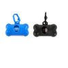 Blue and black bone-shaped dog waste bag dispenser with a hanging loop.
