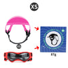 Pink pet safety helmet and goggles set with XS size marker and 87g weight displayed on a white background.